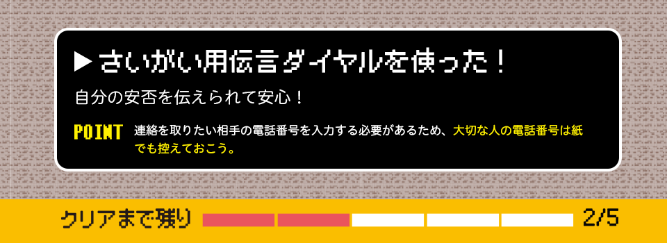 さいがい用伝言ダイヤルを使った! 自分の安否を伝えられて安心! POINT 連絡を取りたい相手の電話番号を入力する必要があるため、大切な人の電話番号は紙でも控えておこう。 クリアまで残り2/5